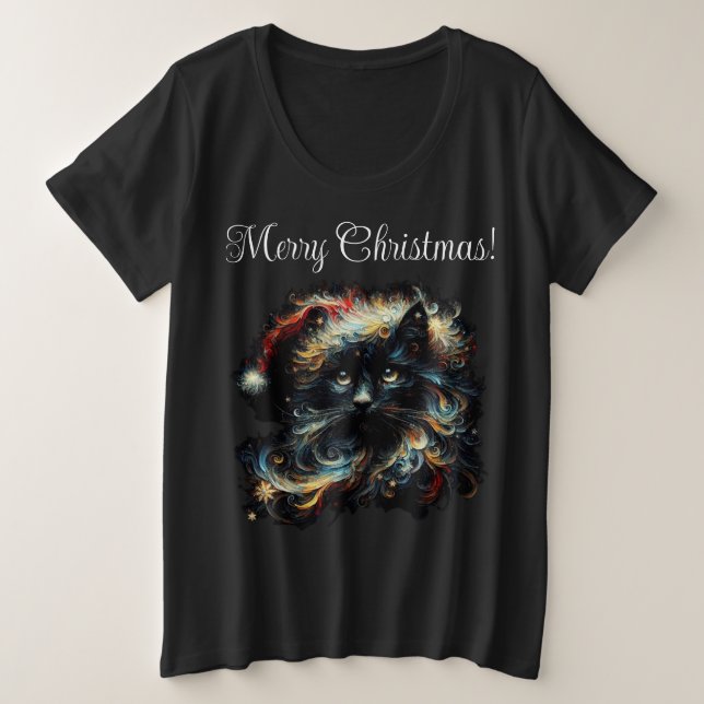 Camiseta Cabelo Comprido Negro Papai noel Chapéu de Natal (Frente do Design)