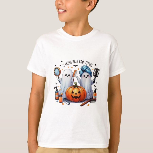 Camiseta Cabelo do fazer Bootizado Halloween Stylist Ghost (Frente)