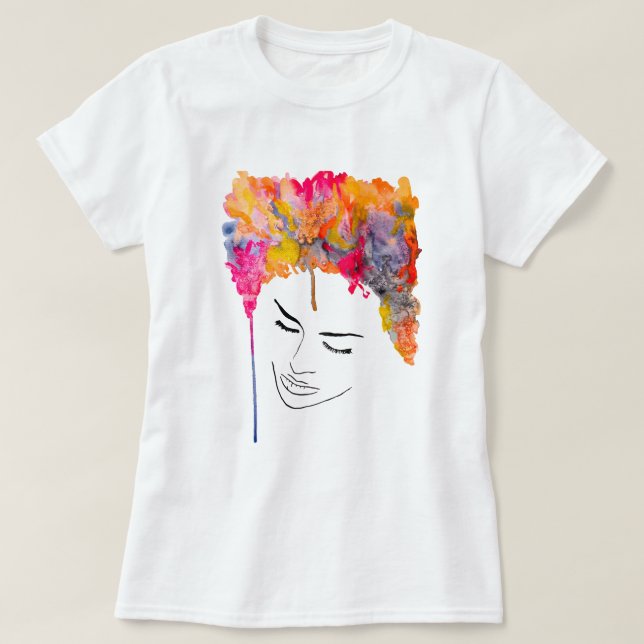 Camiseta Cabelo legal de senhora colorida (Frente do Design)