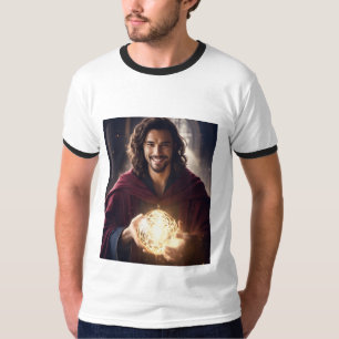 Camiseta Cabelo médio escuro, cavanhaque francês, sorriso,