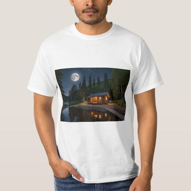 Camiseta Cabina no bosque à noite (Frente)