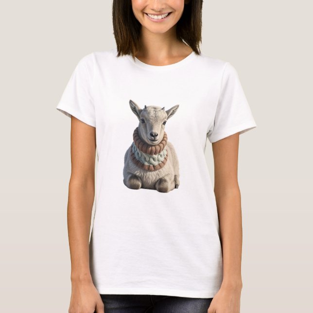 Camiseta Cabra Bebê Adorável Vestindo Cachecol de Tricô (Frente)