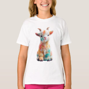Camiseta Cabra Bebê Pintada com Aquarela Arco-íris para Cri