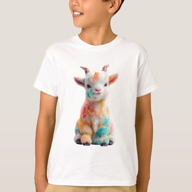 Camiseta Cabra Bebê Pintada com Aquarela Arco-Íris para Cri (Frente)