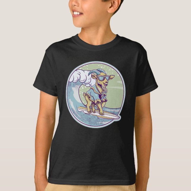 Camiseta Cabra de animação num prato de surfe (Frente)