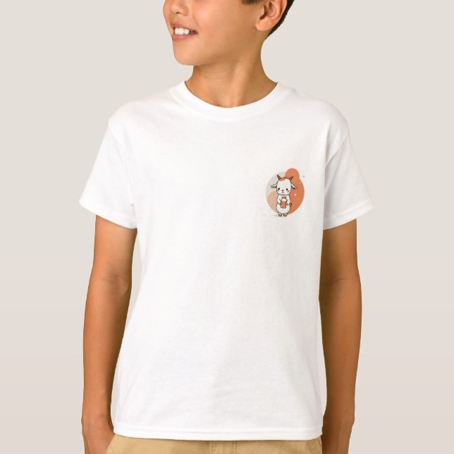 Camiseta Cabra Kawaii Segurando Garrafa de Leite Crianças (Frente)