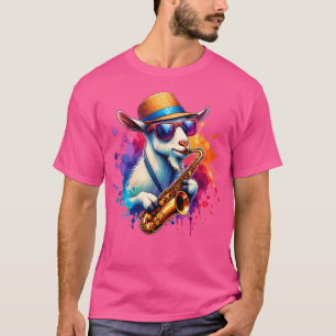 Camiseta Cabra Tocando Saxofone Com Óculos de Sol