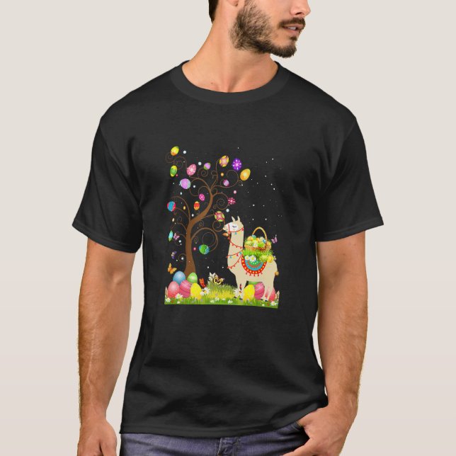 Camiseta Caça à Árvore Egg Llama Páscoa Llama Bunny Happy E (Frente)