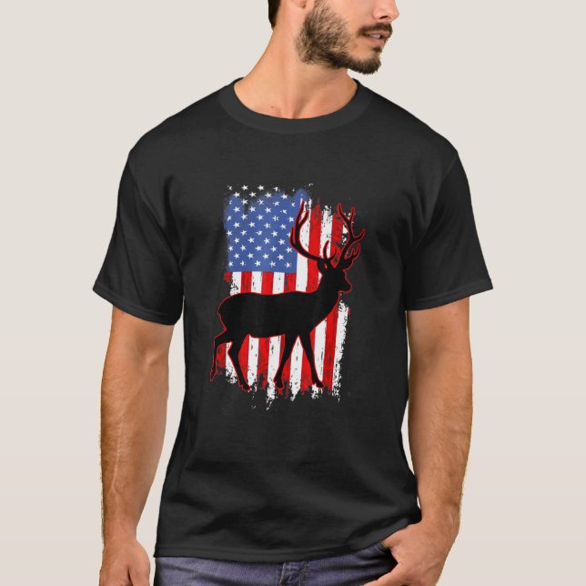 Camiseta Caça à Caça Patriótica Hunt Deer Usa Bandeira Amer (Frente)