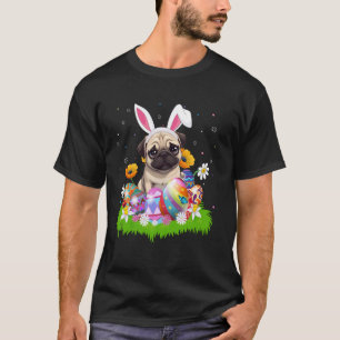 Camiseta Caça ao Ovo de Páscoa de Cães Pug Orelha de Coelho