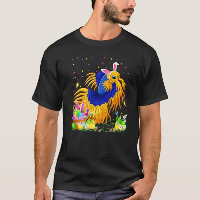 Camiseta Caça ao Ovo de Páscoa de Peixe Betta Coelho Betta  (Frente)