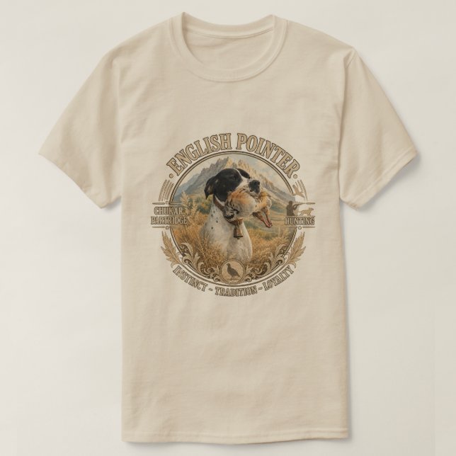 Camiseta Caça com Pointer Inglês, Perdiz Chukar (Frente do Design)