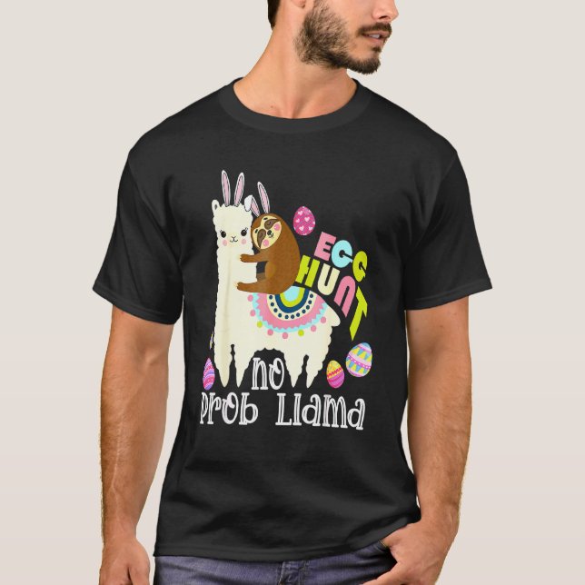 Camiseta Caça De Ovo Sem Prob Llama Bunny Sloth Andando Lla (Frente)
