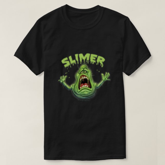 Camiseta Caça-Fantasmas Slimer Neon Retrato (Frente do Design)