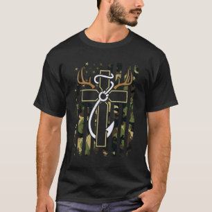 Camiseta Caça Pesca Fé Cruz Veado Galhadas Gancho EUA 