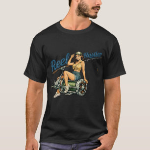 Camiseta Caçador de Carretel Retro Pin-Up de Pesca Peixe