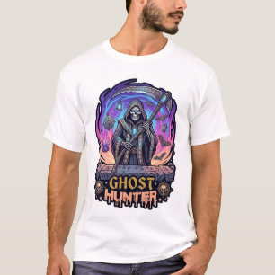 Camiseta Caçador de Fantasmas Ceifador Esqueleto Foice Roxo