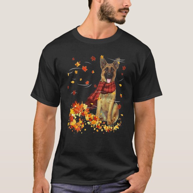 Camiseta Cachecol de Outono do Pastor Alemão Cachorros Folh (Frente)