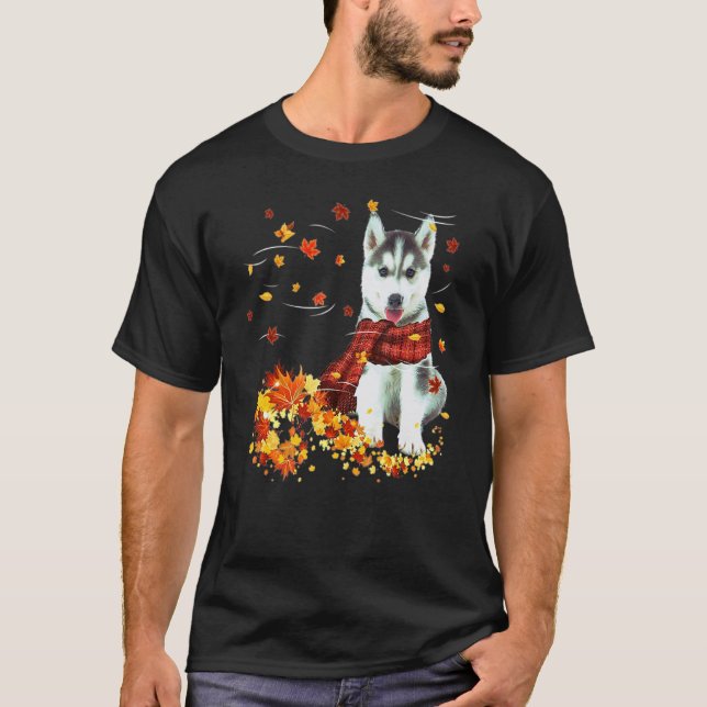 Camiseta Cachecol de Outono Husky Cães Folhas de Outono (Frente)