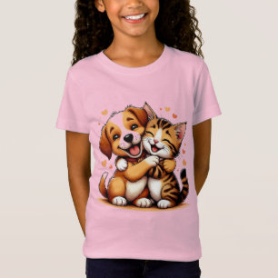 Camiseta Cachorrinho Adorável e Gatinho Abraçados com Sorri