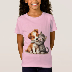 Camiseta Cachorrinho Adorável e Gatinho Abraçando com Sorri