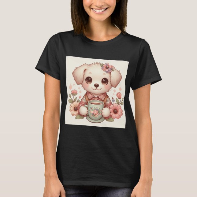 Camiseta Cachorrinho Antigo com Xícara Floral (Frente)