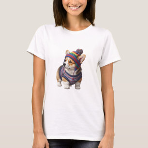 Camiseta Cachorrinho Corgi Adorável em Roupas de Tricô de I