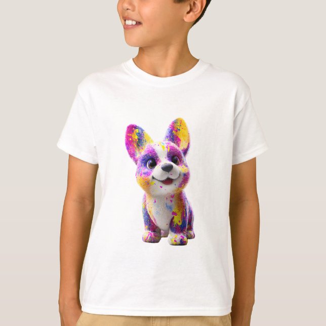 Camiseta Cachorrinho Corgi Vibrante com Tinta Salpicada par (Frente)