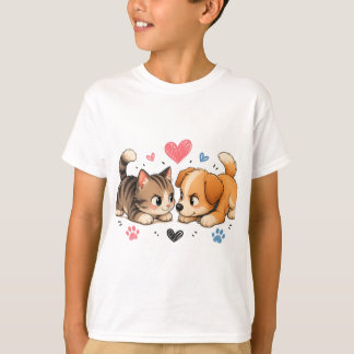 Camiseta Cachorrinho e gatinho fofos em um fitar brincalhão