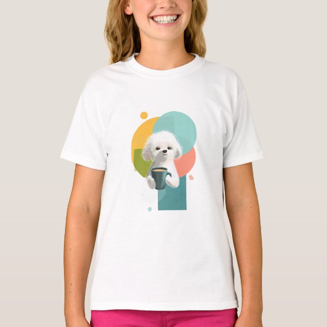 Camiseta Cachorrinho Fofinho Segurando Caneca de Café Crian (Frente)