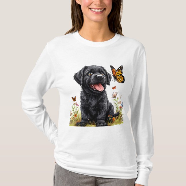 Camiseta 🐾 Cachorrinho Labrador Preto Borboleta Cachorro F (Frente)