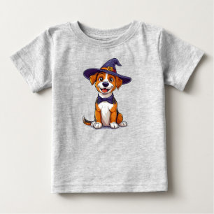 Camiseta Cachorro Adorável Vestindo Chapéu de Bruxo Roxo