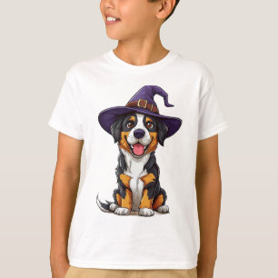 Camiseta Cachorro Adorável Vestindo Chapéu de Bruxo Roxo