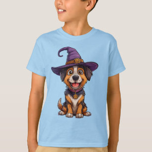 Camiseta Cachorro Adorável Vestindo Chapéu de Bruxo Roxo