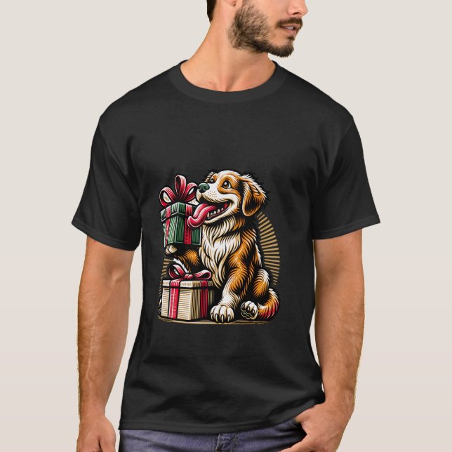 Camiseta Cachorro Alegre com Pacote de Natal (Frente)