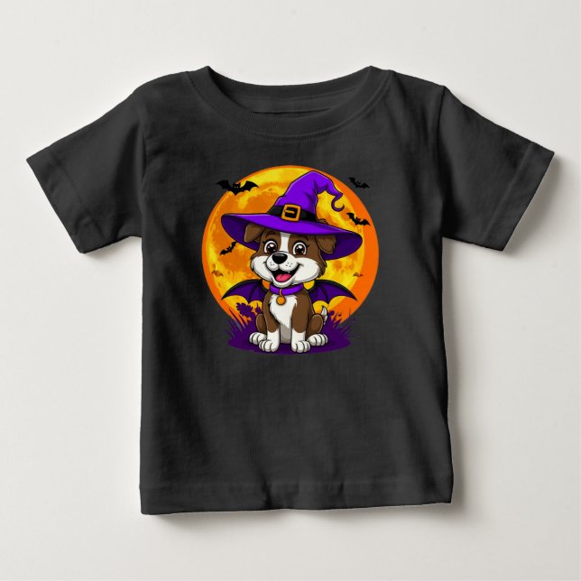 Camiseta Cachorro Alegre Disfarçado de Chapéu de Bruxa (Frente)