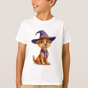 Camiseta Cachorro Alegre Usando um Chapéu de Bruxa