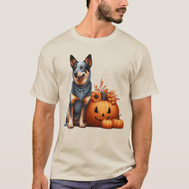 Camiseta Cachorro australiano ao lado de um Jack O-Lanterna