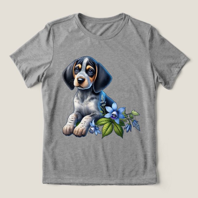 Camiseta Cachorro Azul de Caça com Flores Azuis Delicadas (Design frontal)