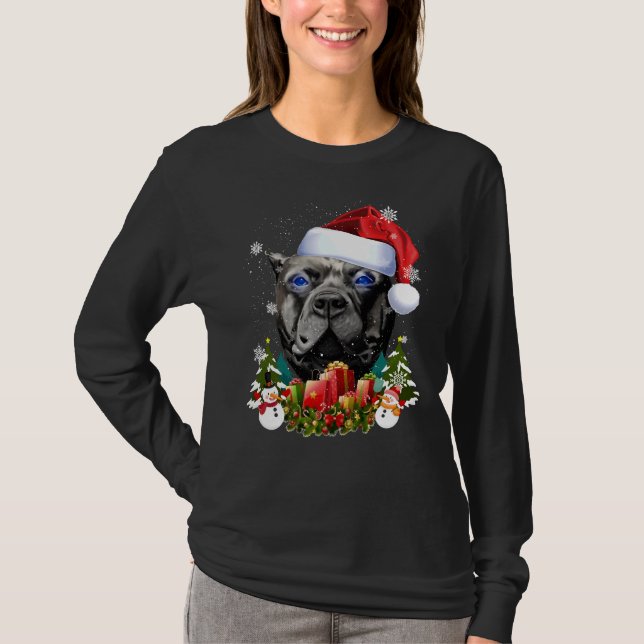 Camiseta Cachorro Azul Negro Pitbull Natal Santa Hat (Frente)