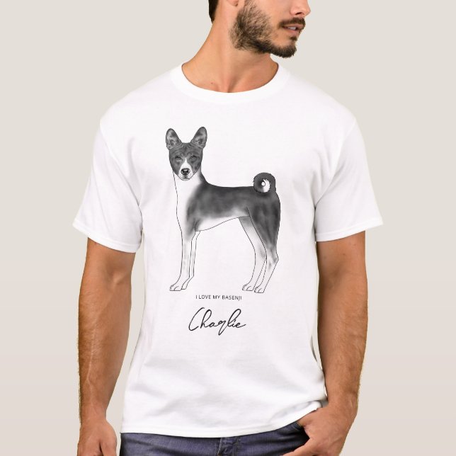 Camiseta Cachorro Basenji Fofo em Preto e Branco & Texto Pe (Frente)