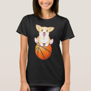 Camiseta Cachorro Basquetebol Corgi Filhote Senta Na Bola