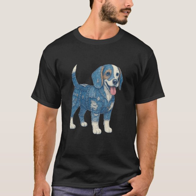 Camiseta Cachorro Beagle Denim Patchwork Mãe Beagle Amante  (Frente)