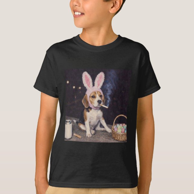 Camiseta Cachorro Beagle Engraçado Orelhas de Coelho Retrô  (Frente)