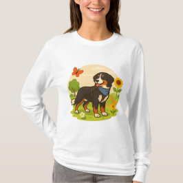 Camiseta Cachorro Bernês Fofo com Girassol e Manteiga