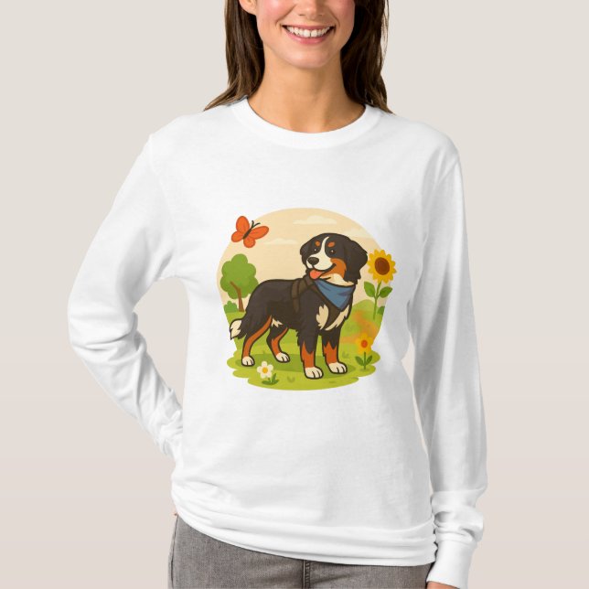 Camiseta Cachorro Bernês Fofo com Girassol e Manteiga (Frente)