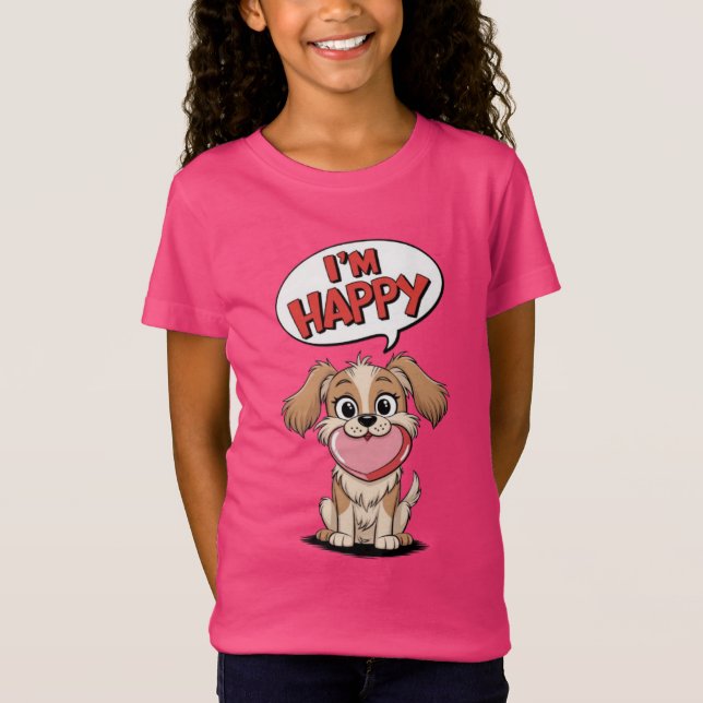 Camiseta Cachorro Bonito com Coração Rosa e Mensagem Alegre (Frente)