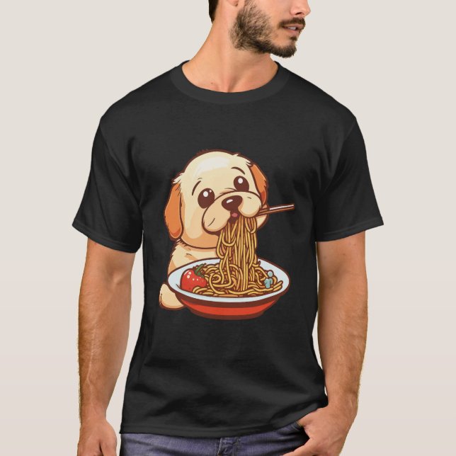Camiseta Cachorro Bonito Comendo Espaguete (Frente)