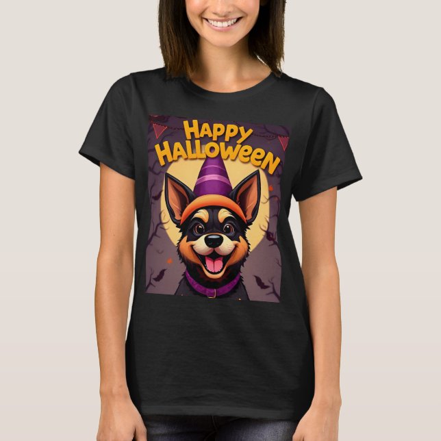 Camiseta Cachorro Bonito na Cena do Halloween com Bombeiros (Frente)