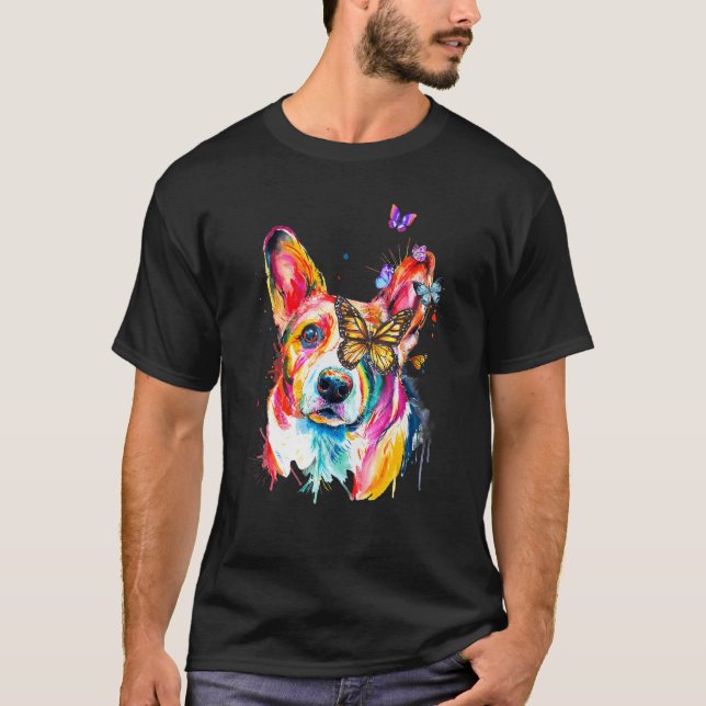 Camiseta Cachorro Borboletas Splash Corgi Galês (Frente)